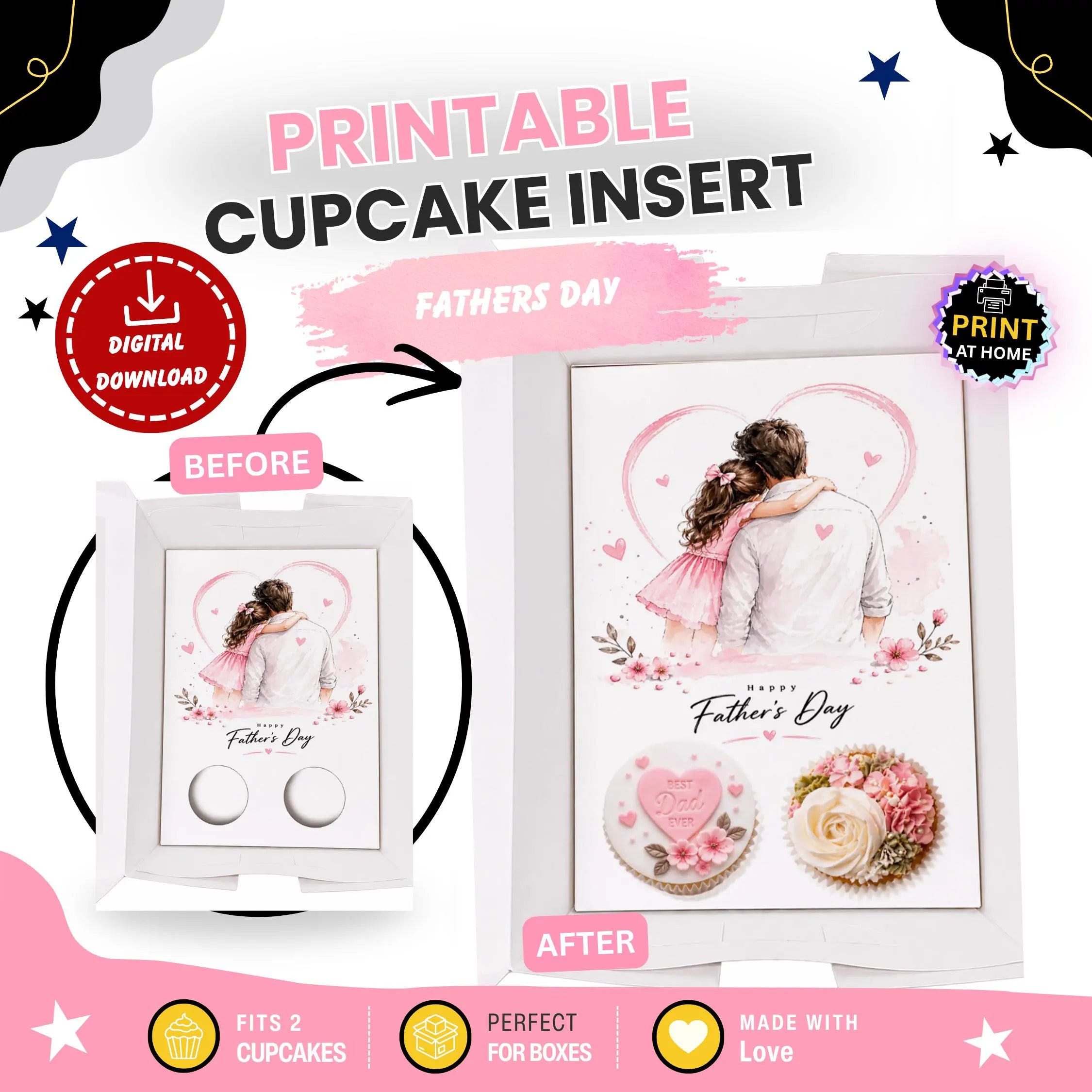 Father’s Day Cupcake Insert Template A4, Dad Daughter Gift Box Insert, 2 Cupcake Holder Printable, Pink Floral Cupcake Packaging PDF