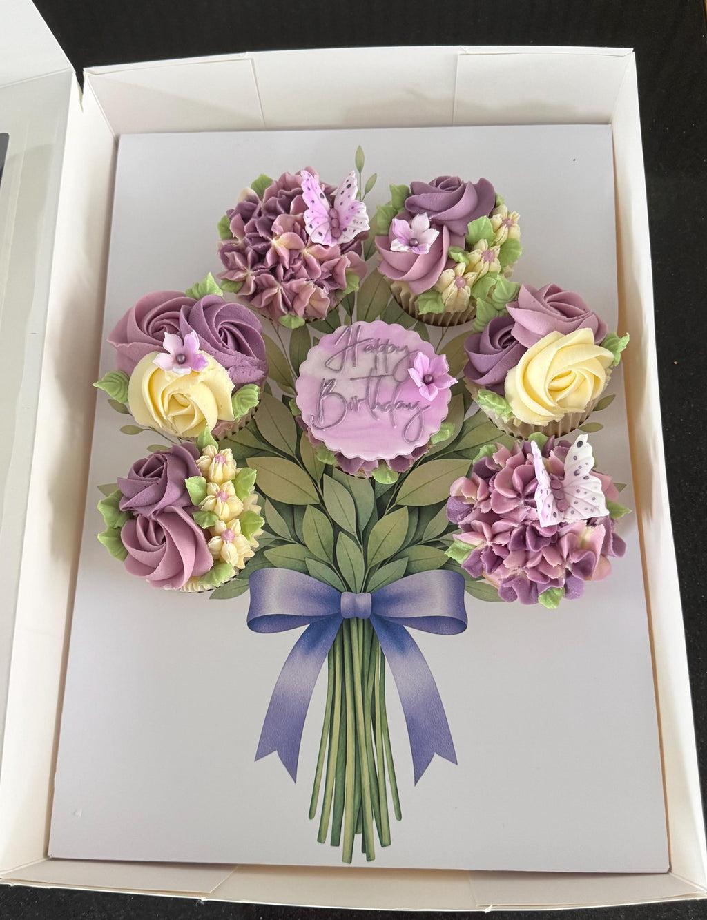 Flower Bouquet Cupcake Box Insert PDF – Ready-Made Printable Packaging Template with Purple Ribbon