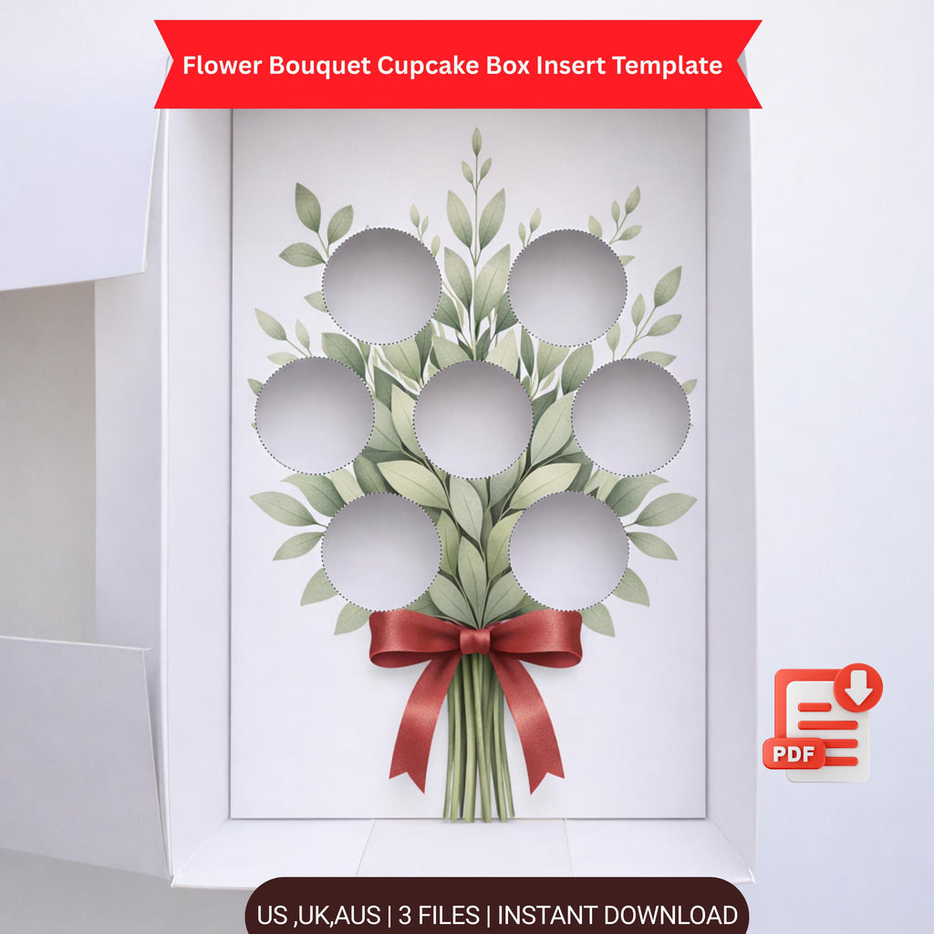 Flower Bouquet Cupcake Box Insert PDF – Ready-Made Cupcake Packaging Template with Red Ribbon Design