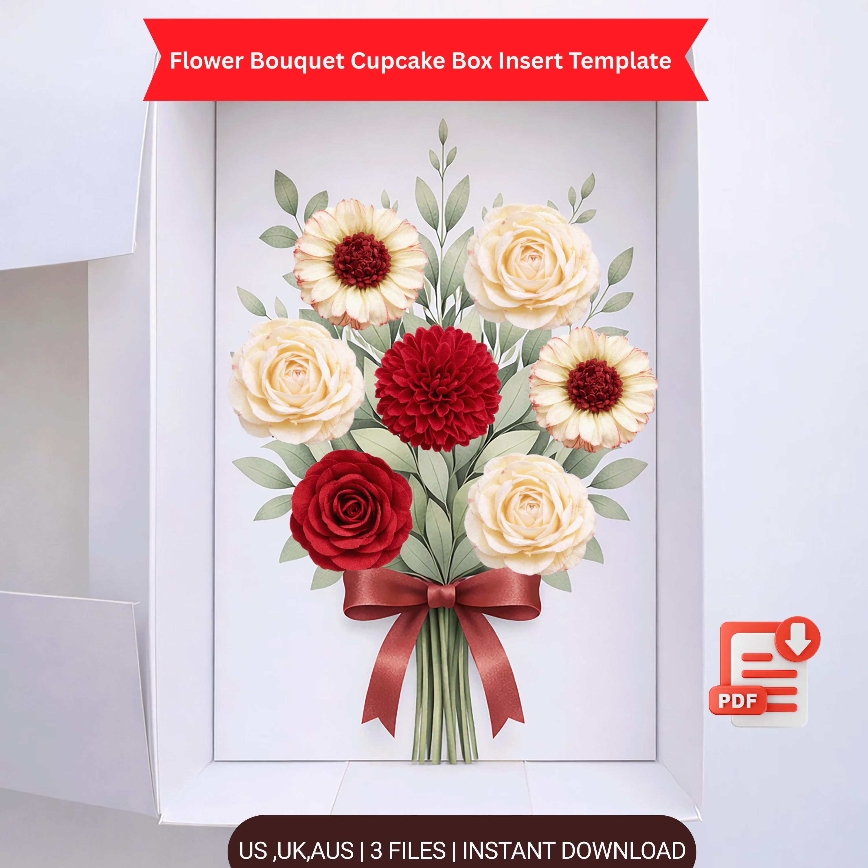 Flower Bouquet Cupcake Box Insert PDF – Ready-Made Cupcake Packaging Template with Red Ribbon Design