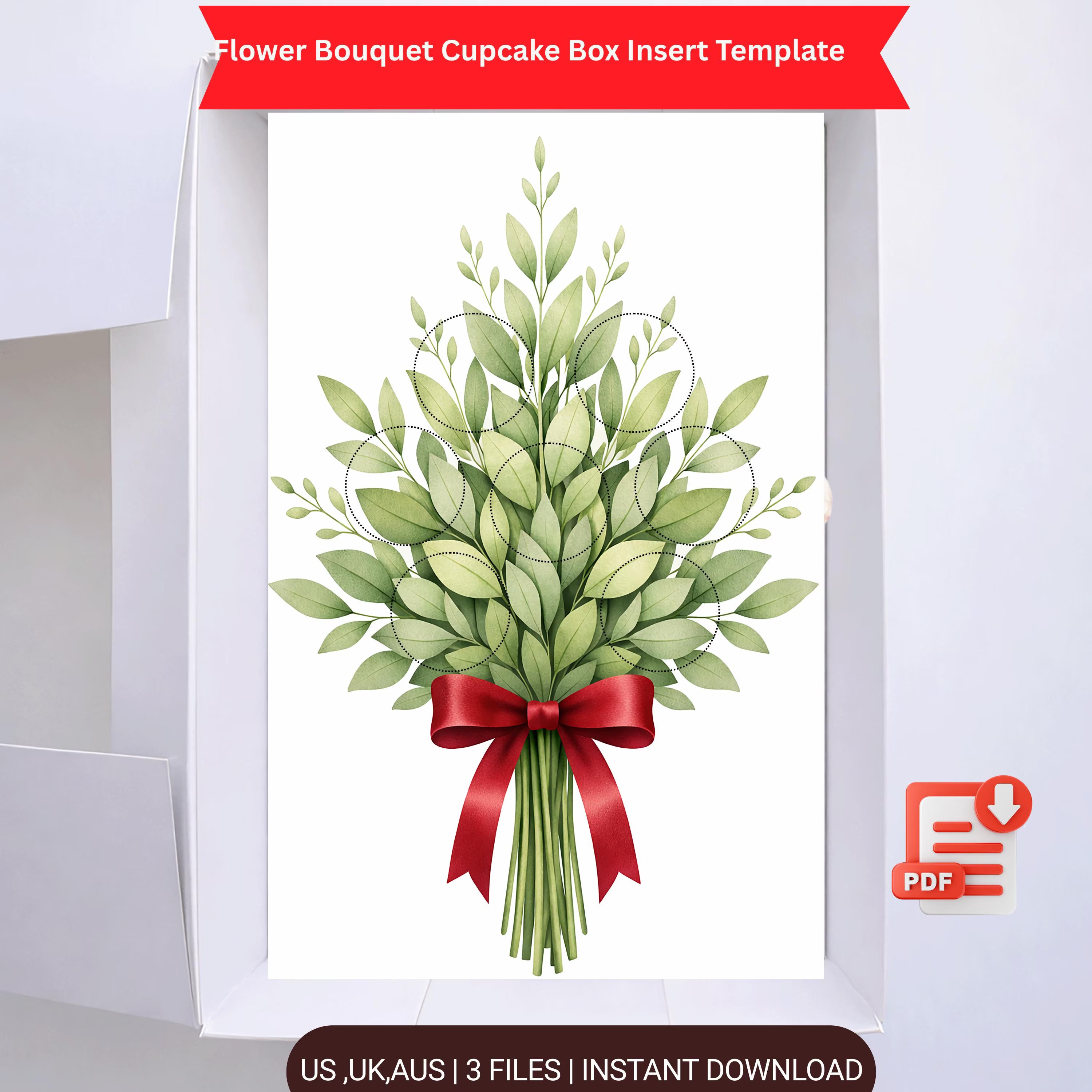 Flower Bouquet Cupcake Box Insert PDF – Ready-Made Cupcake Packaging Template with Red Ribbon Design