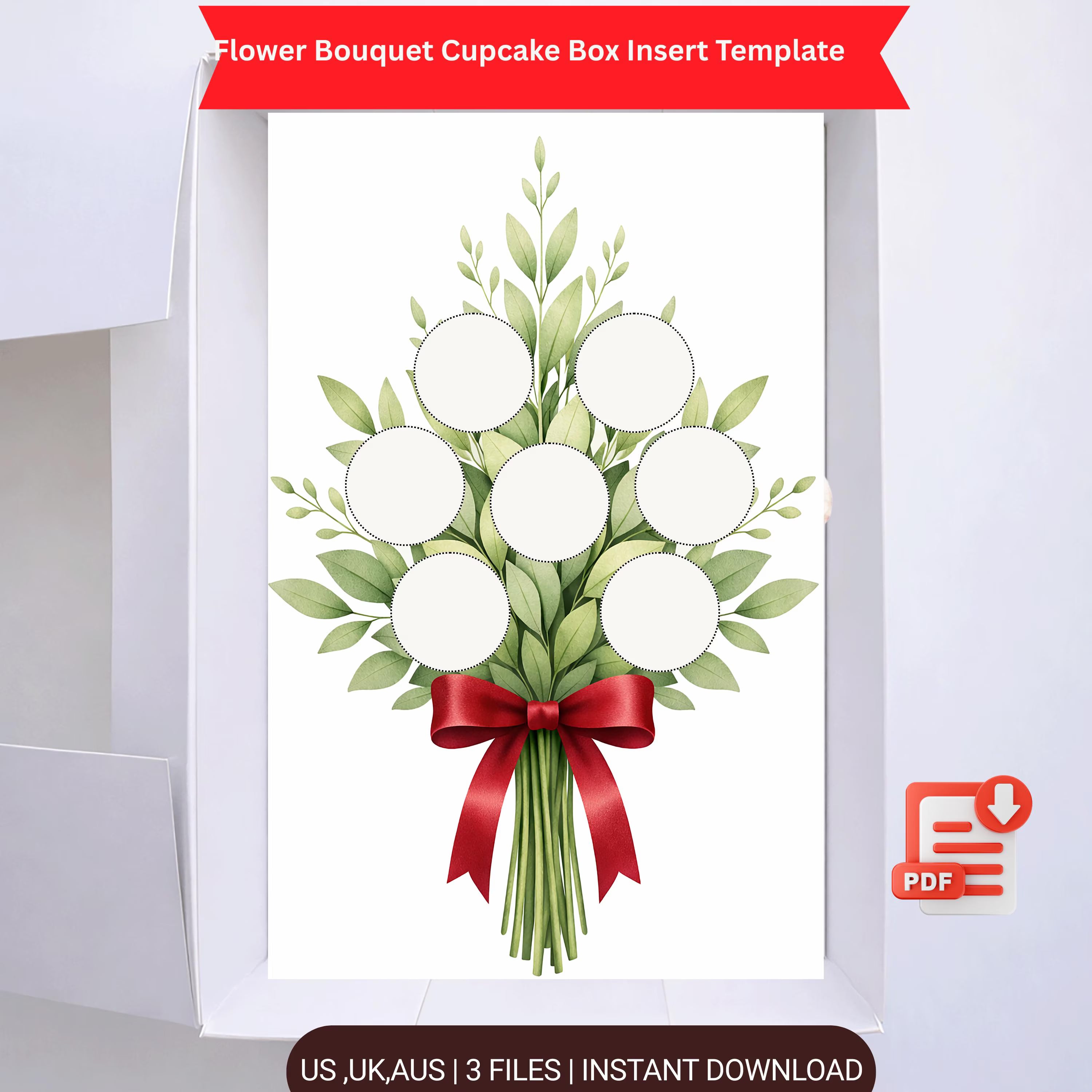 Flower Bouquet Cupcake Box Insert PDF – Ready-Made Cupcake Packaging Template with Red Ribbon Design