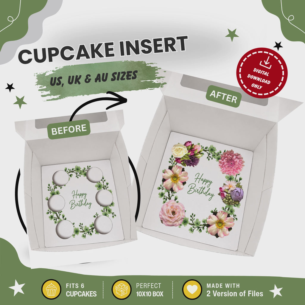 Happy Birthday Cupcake Box Insert Template Printable, Sage Green Floral 6 Cupcake Holder, Botanical Bouquet Display, USA UK AUS