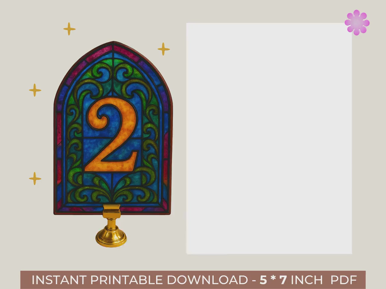 Stained Glass Table Numbers Template 5x7 | Faux Cathedral Window Wedding Sign Set | 30 Printable Event Cards in 5 Unique Styles