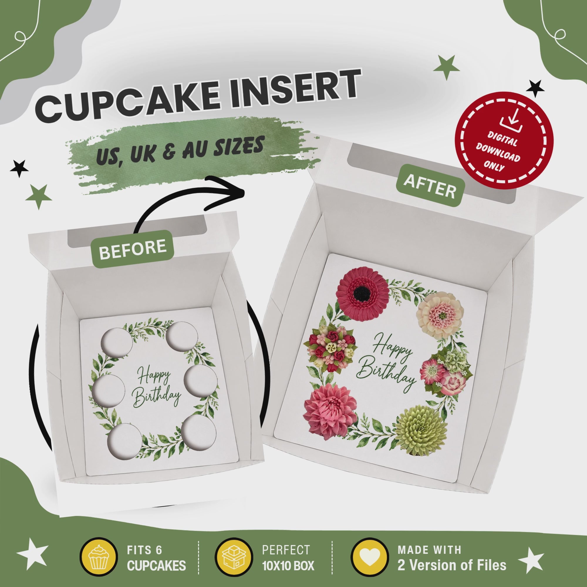 Happy Birthday Cupcake Box Insert Template Printable, Green Leaf Wreath 6 Cupcake Holder, Botanical Bouquet Display, USA UK AUS