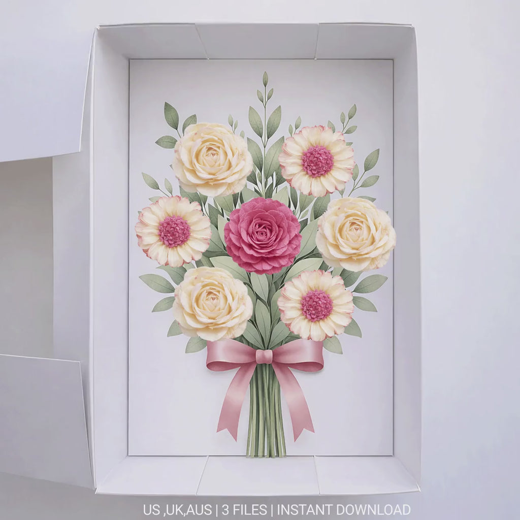 Flower Bouquet Cupcake Box Insert PDF – Ready-Made Cupcake Packaging Template with Pink Ribbon Design