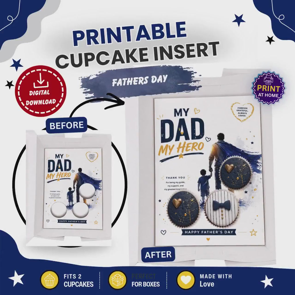 Father’s Day Cupcake Insert Template A4, My Dad My Hero Cupcake Box Insert, 3 Cupcake Holder Printable, Dad Gift Packaging