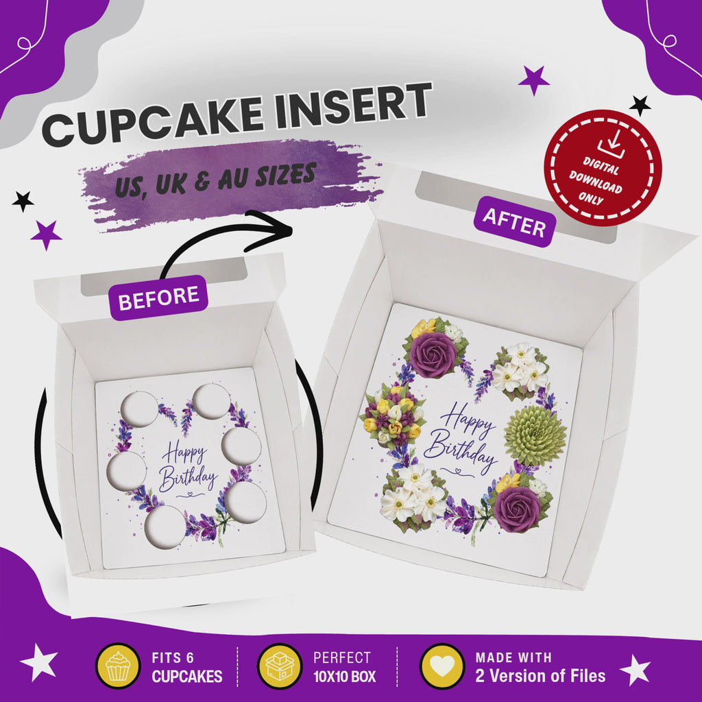 Happy Birthday Cupcake Box Insert Template Printable, Purple Lavender 6 Cupcake Holder, Floral Bouquet Display, USA UK AUS