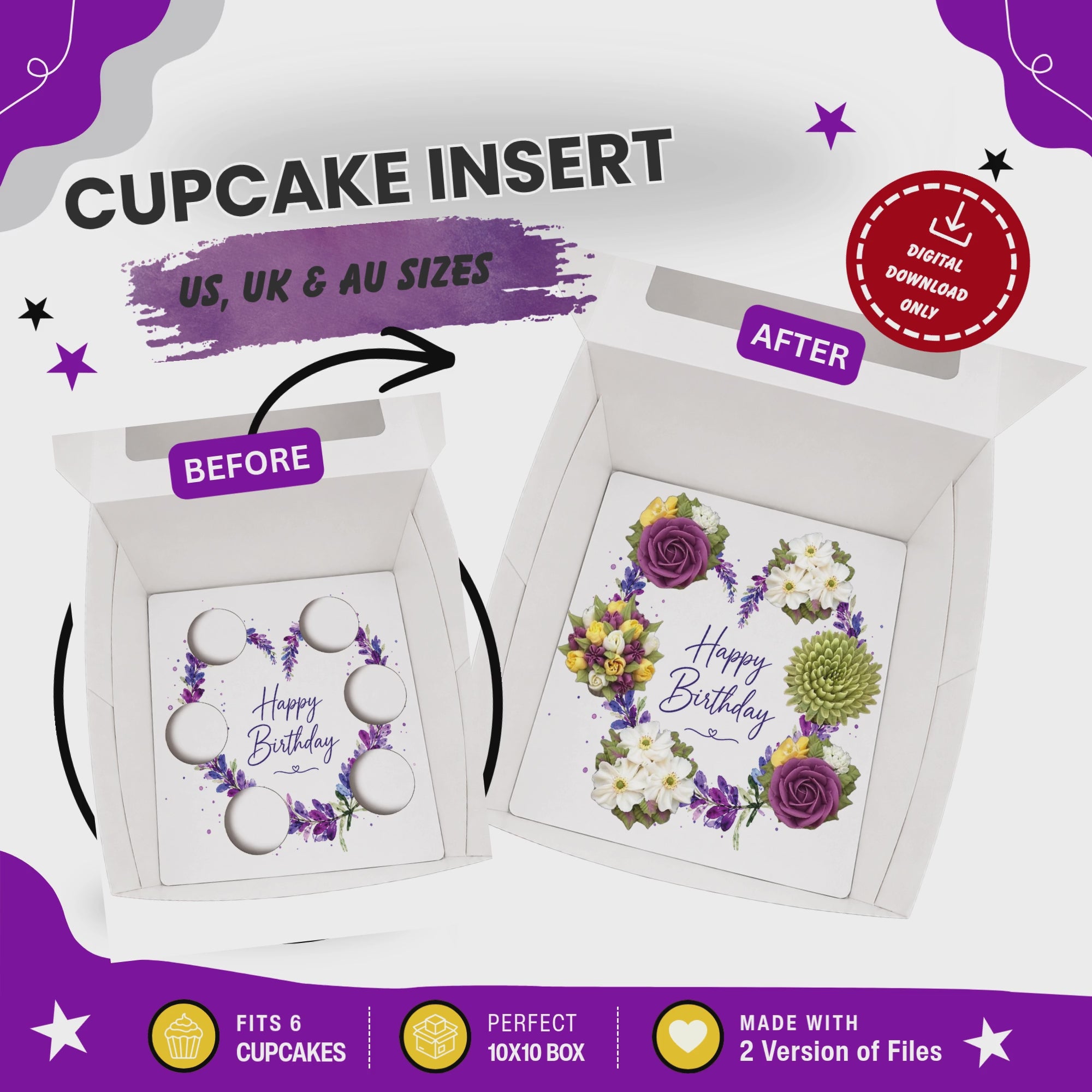 Happy Birthday Cupcake Box Insert Template Printable, Purple Lavender 6 Cupcake Holder, Floral Bouquet Display, USA UK AUS